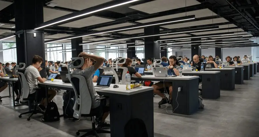 A busy open-plan office full of people at their desks